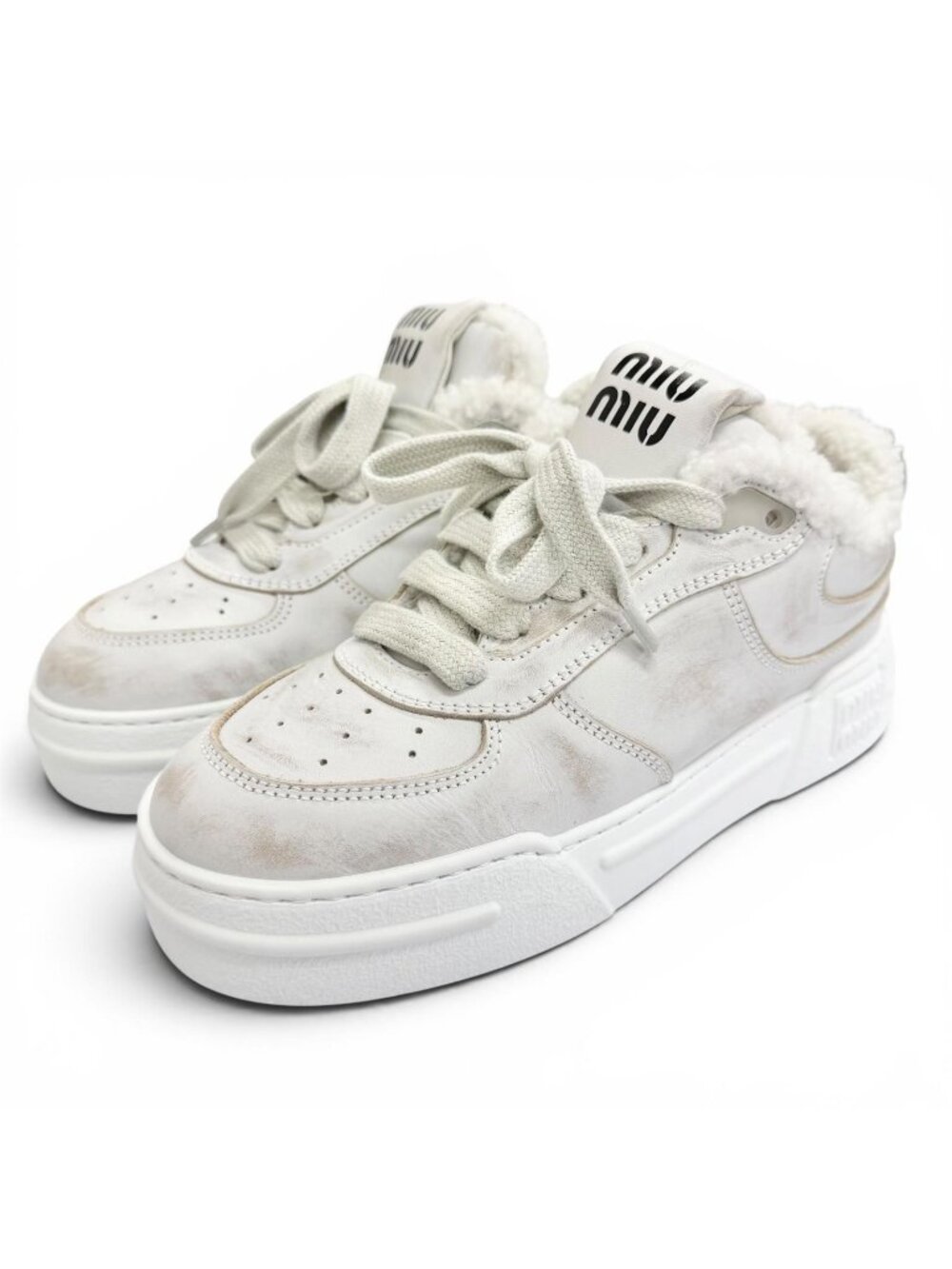 Miu Miu Calfskin Sheepfur Logo Distressed Low-Top Sneakers White